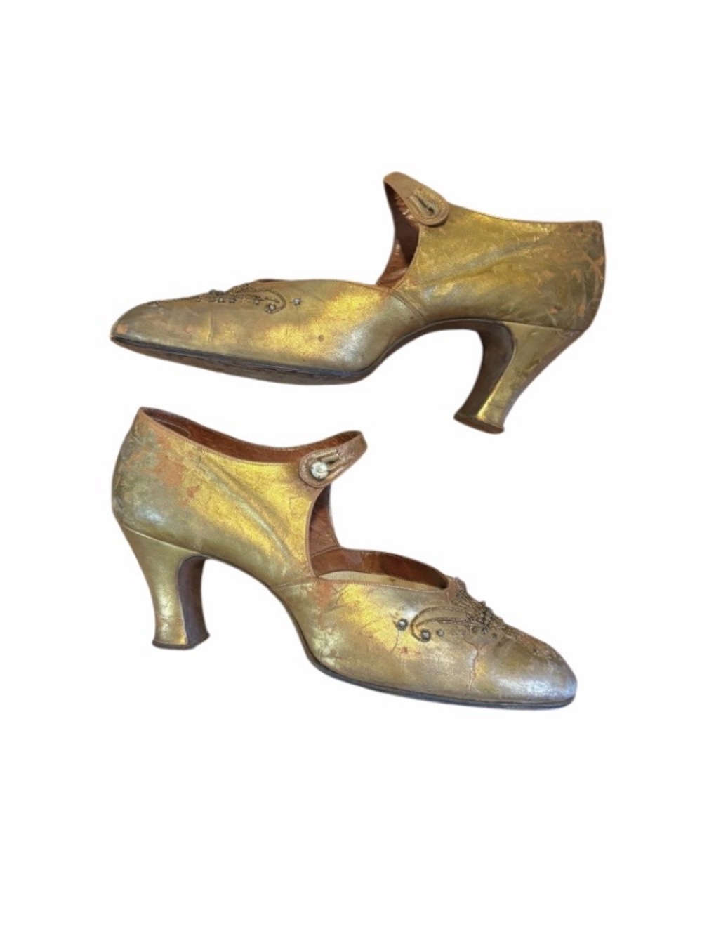 TRUE VINTAGE➕RARE 1920’S Gold Leather Flapper Shoes Beaded Curved Louis Heels